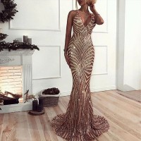 Paris Girl Elegant Deep V Neck Party Dresses Gold Sequined Maxi Dresses Backless Bodycon Evening Club Mermaid Dress